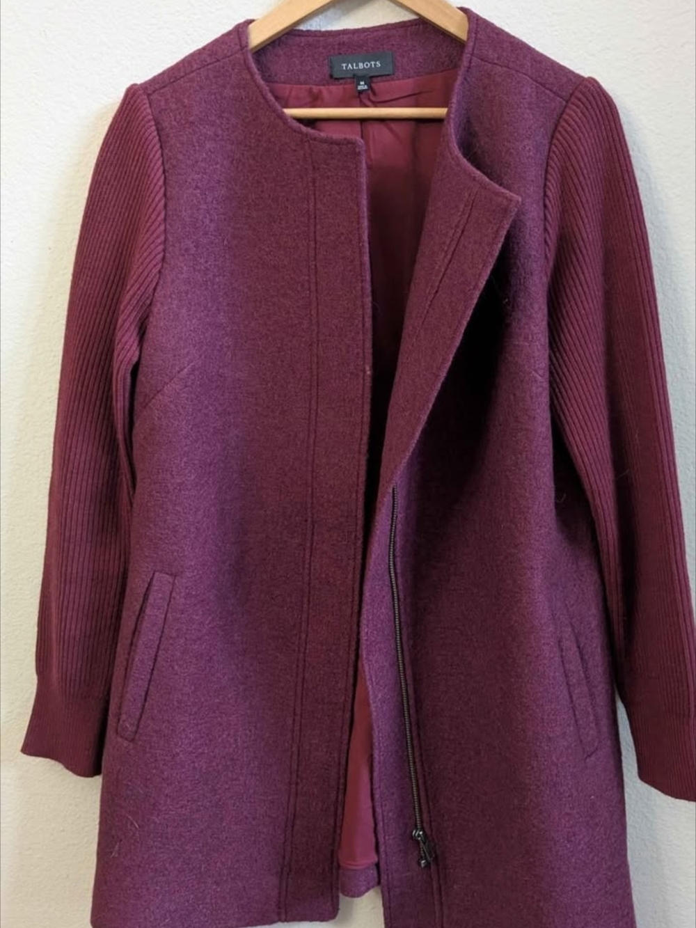 Talbots Plum Collarless Wool-Blend Coat with Knit Sleeves